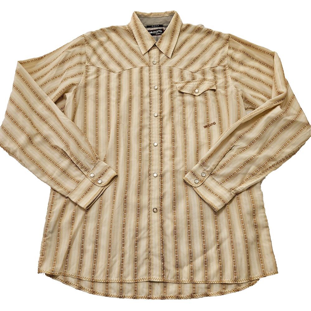 Billabong Vintage‎ Slim Fit Tan Western Striped Pearl Snap Button Up Shirt Sz XL